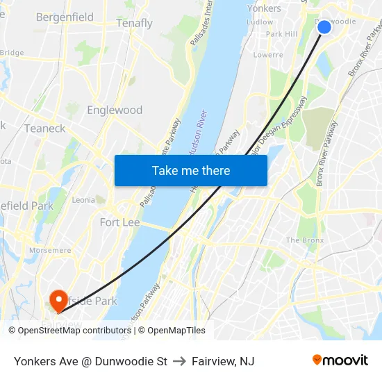Yonkers Ave @ Dunwoodie St to Fairview, NJ map
