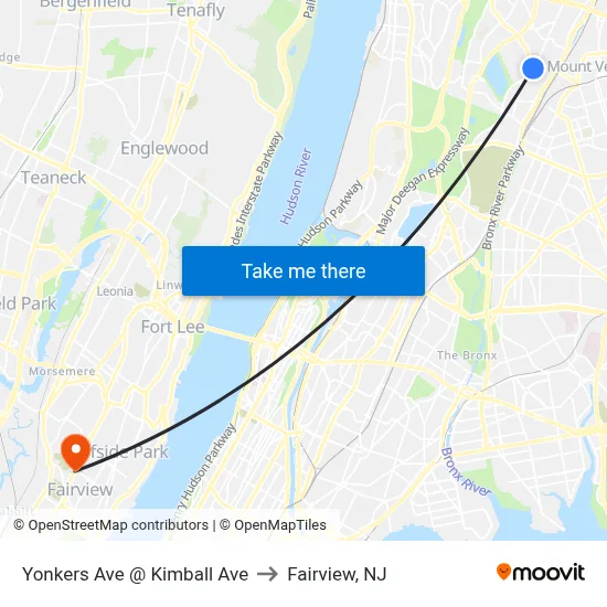 Yonkers Ave @ Kimball Ave to Fairview, NJ map