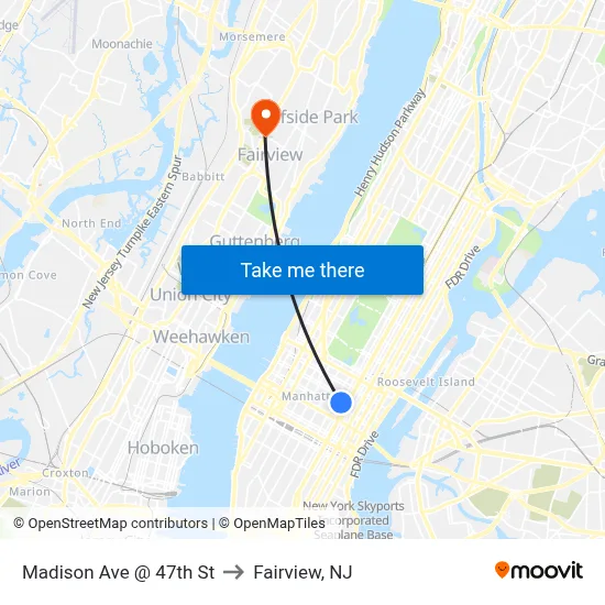 Madison Ave @ 47th St to Fairview, NJ map