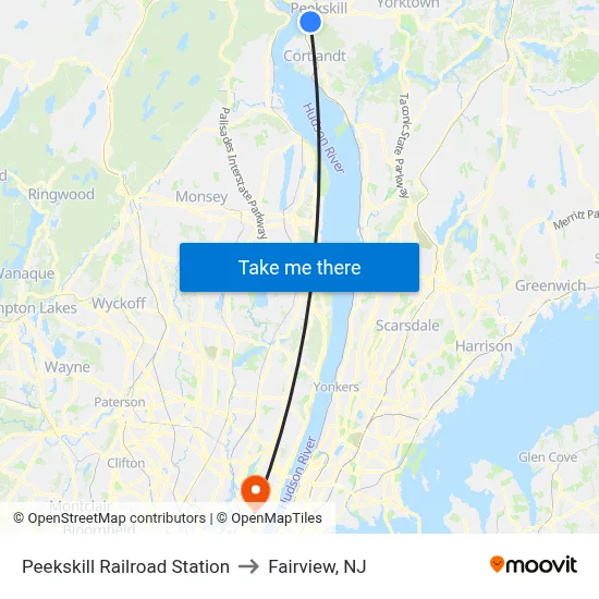Peekskill Railroad Station to Fairview, NJ map
