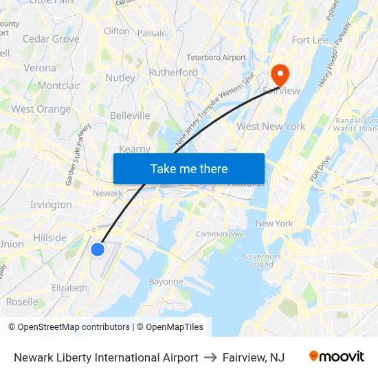 Newark Liberty International Airport to Fairview, NJ map