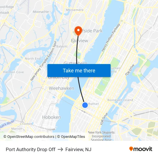 Port Authority Drop Off to Fairview, NJ map