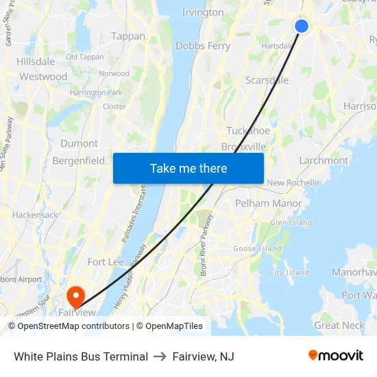 White Plains Bus Terminal to Fairview, NJ map