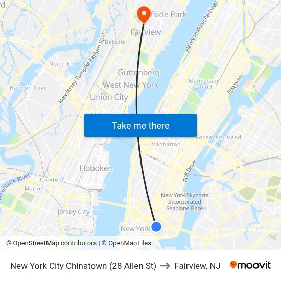 New York City Chinatown (28 Allen St) to Fairview, NJ map