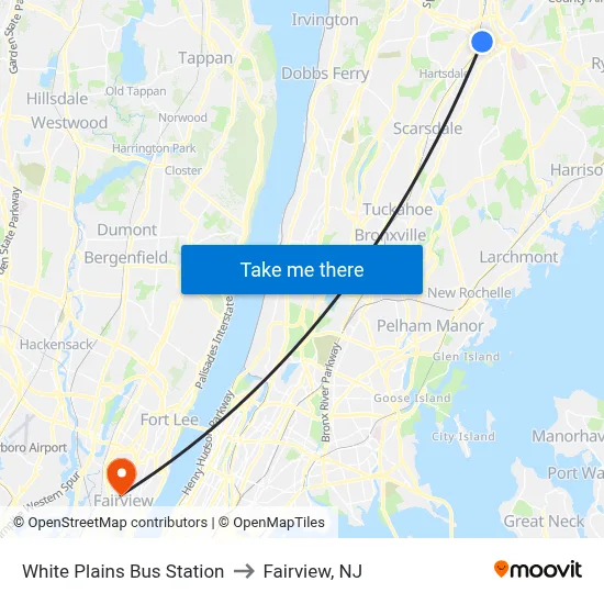 White Plains Bus Station to Fairview, NJ map