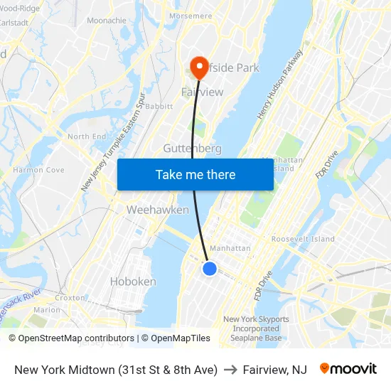 New York Midtown (31st St & 8th Ave) to Fairview, NJ map