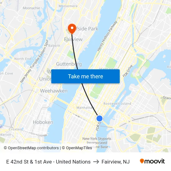 E 42nd St & 1st Ave - United Nations to Fairview, NJ map