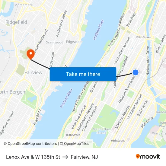 Lenox Ave & W 135th St to Fairview, NJ map