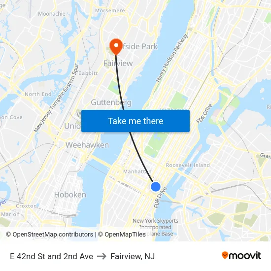 E 42nd St and 2nd Ave to Fairview, NJ map