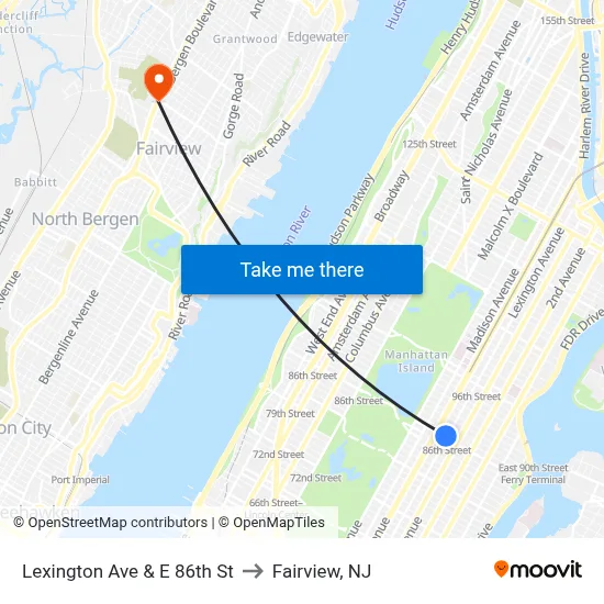 Lexington Ave & E 86th St to Fairview, NJ map