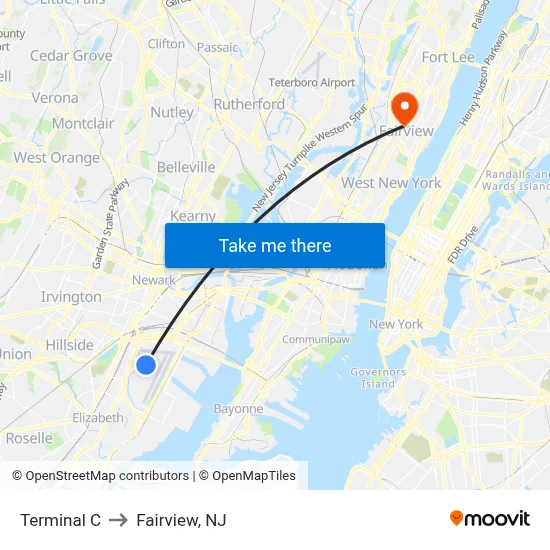 Terminal C to Fairview, NJ map