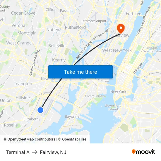 Terminal A to Fairview, NJ map