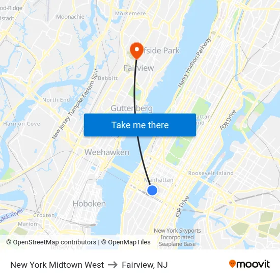 New York Midtown West to Fairview, NJ map