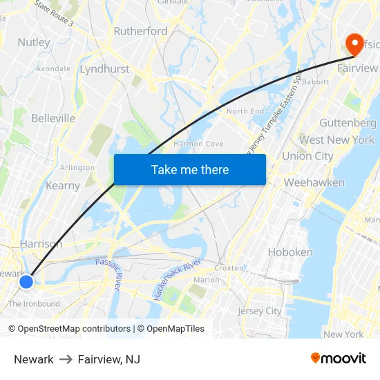 Newark to Fairview, NJ map