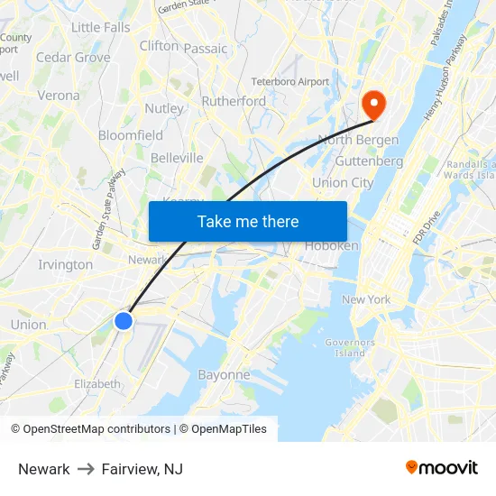 Newark to Fairview, NJ map