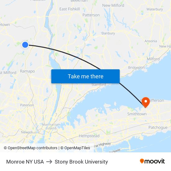 Monroe NY USA to Stony Brook University map