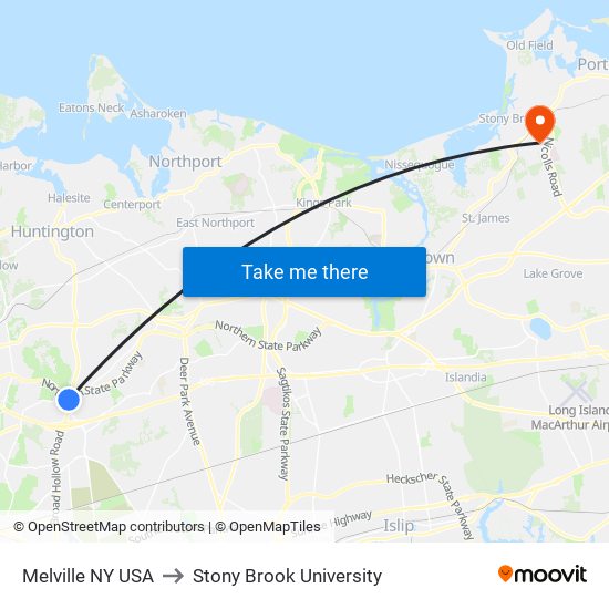 Melville NY USA to Stony Brook University map