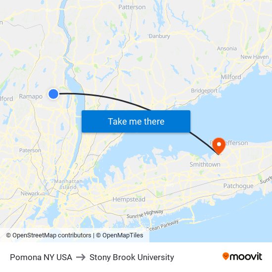 Pomona NY USA to Stony Brook University map