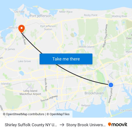 Shirley Suffolk County NY USA to Stony Brook University map