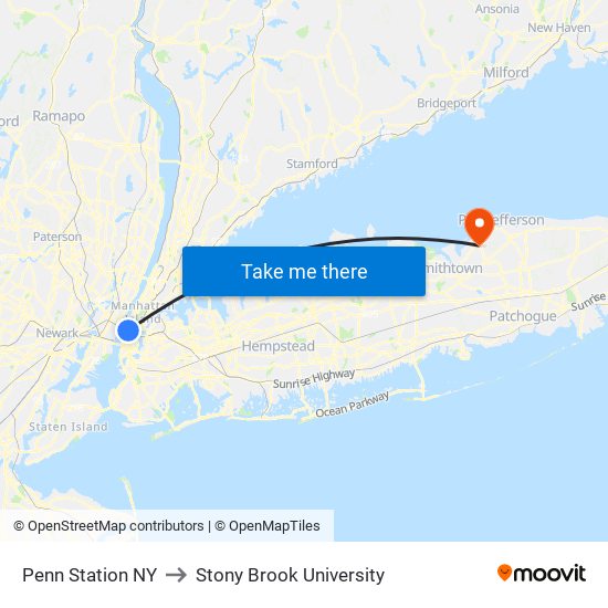 Penn Station NY to Stony Brook University map