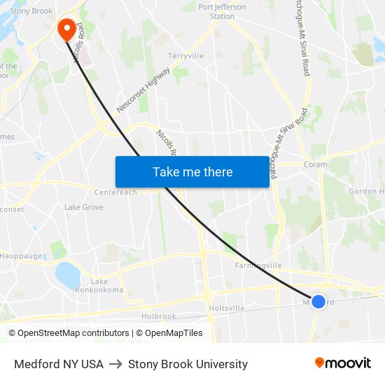 Medford NY USA to Stony Brook University map