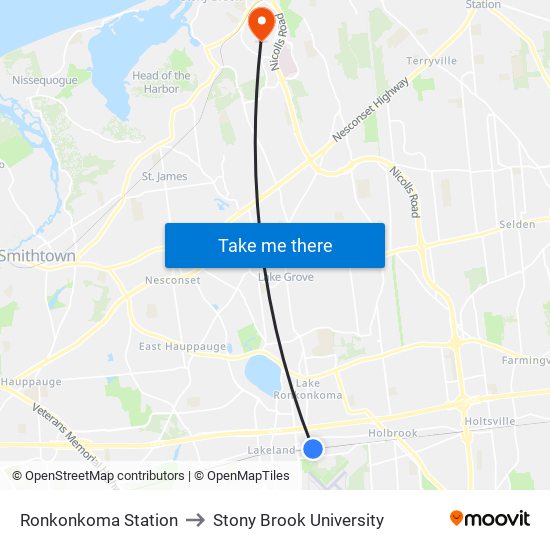 Ronkonkoma Station to Stony Brook University map