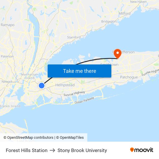 Forest Hills Station to Stony Brook University map