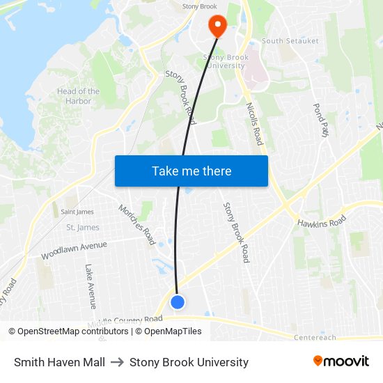 Smith Haven Mall to Stony Brook University map