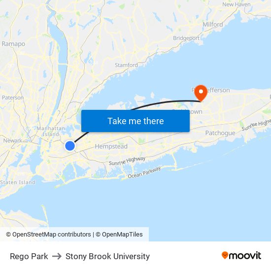 Rego Park to Stony Brook University map