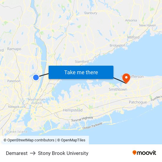 Demarest to Stony Brook University map