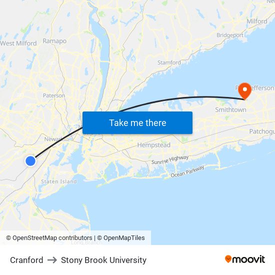 Cranford to Stony Brook University map