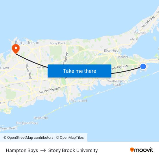 Hampton Bays to Stony Brook University map