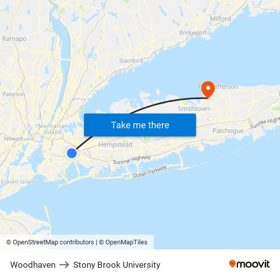 Woodhaven to Stony Brook University map
