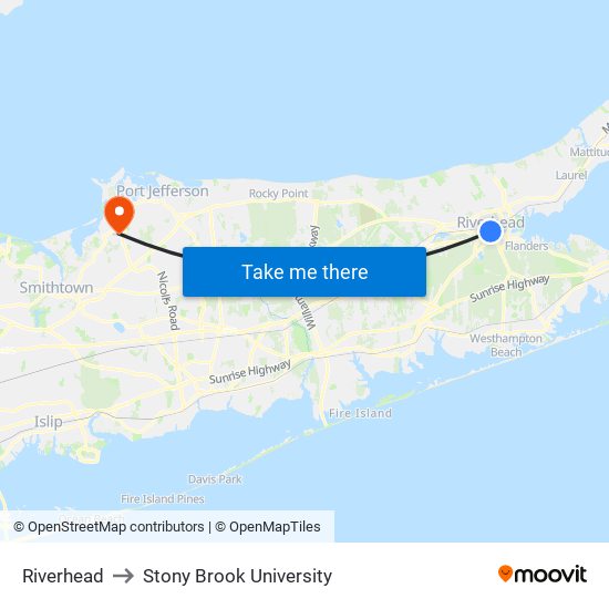 Riverhead to Stony Brook University map