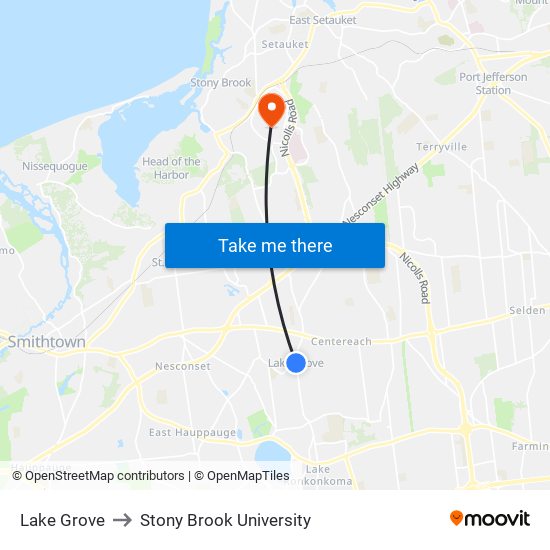 Lake Grove to Stony Brook University map