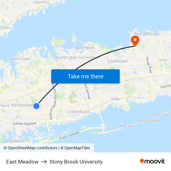 East Meadow to Stony Brook University map