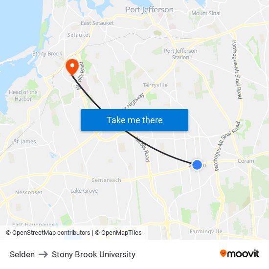 Selden to Stony Brook University map