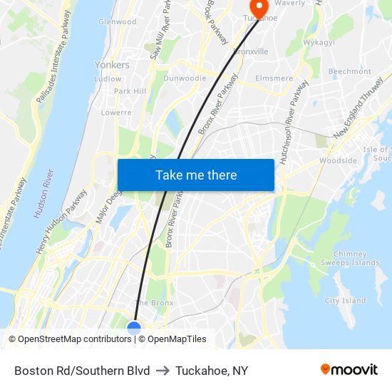 Boston Rd/Southern Blvd to Tuckahoe, NY map