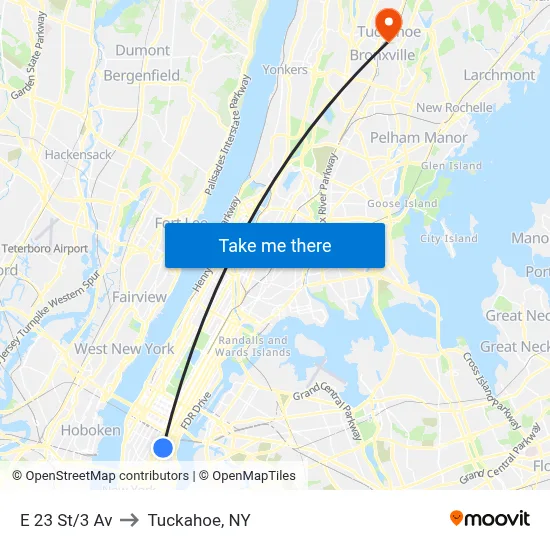 E 23 St/3 Av to Tuckahoe, NY map
