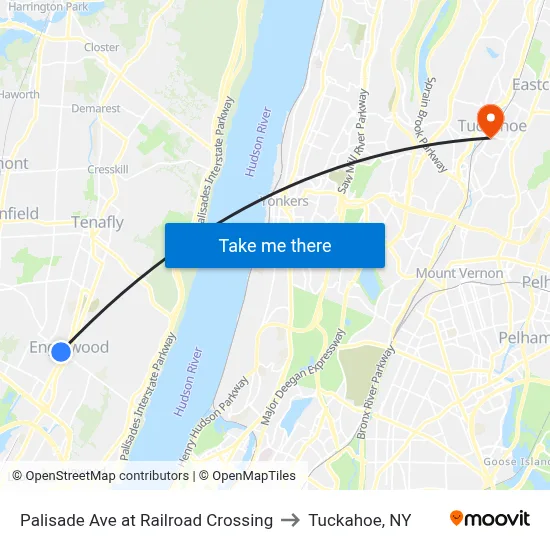 Palisade Ave at Railroad Crossing to Tuckahoe, NY map