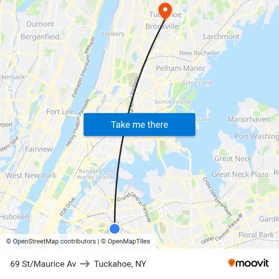 69 St/Maurice Av to Tuckahoe, NY map