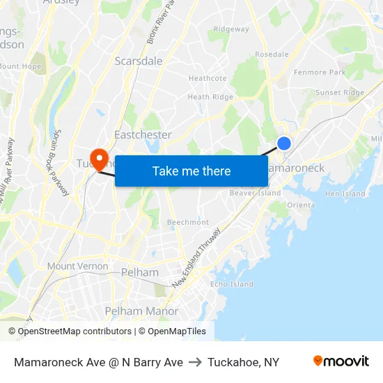 Mamaroneck Ave @ N Barry Ave to Tuckahoe, NY map