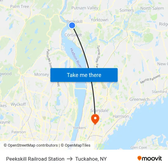 Peekskill Railroad Station to Tuckahoe, NY map