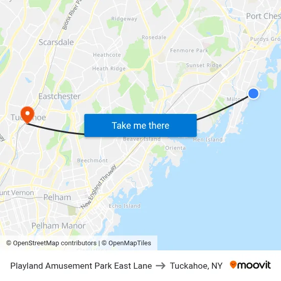 Playland Amusement Park East Lane to Tuckahoe, NY map