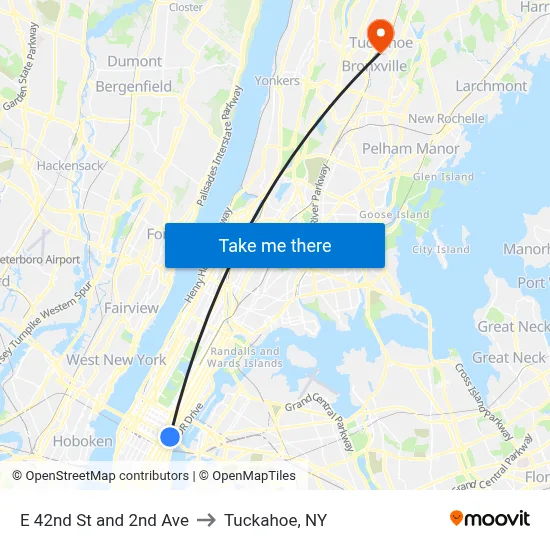 E 42nd St and 2nd Ave to Tuckahoe, NY map
