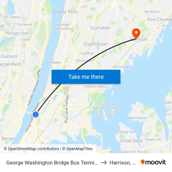 George Washington Bridge Bus Terminal to Harrison, NY map