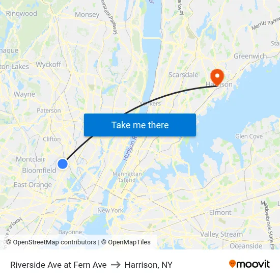 Riverside Ave at Fern Ave to Harrison, NY map