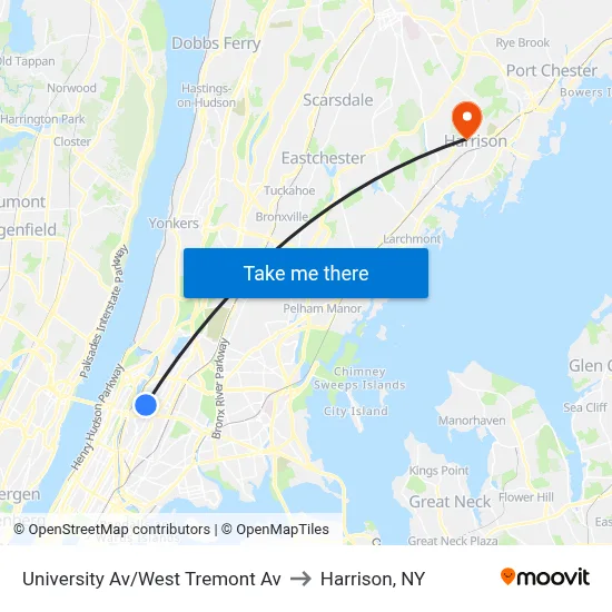 University Av/West Tremont Av to Harrison, NY map