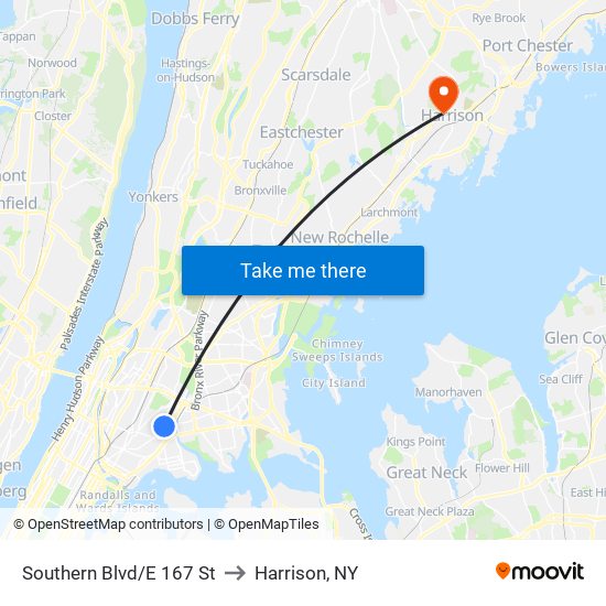 Southern Blvd/E 167 St to Harrison, NY map