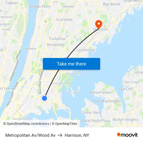 Metropolitan Av/Wood Av to Harrison, NY map